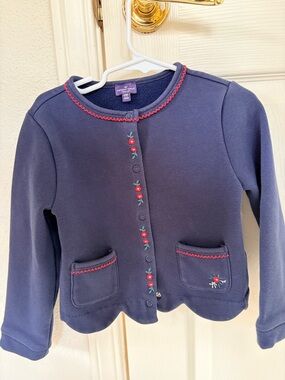 Girls' Navy Embroidered Snap Cardigan Sweater